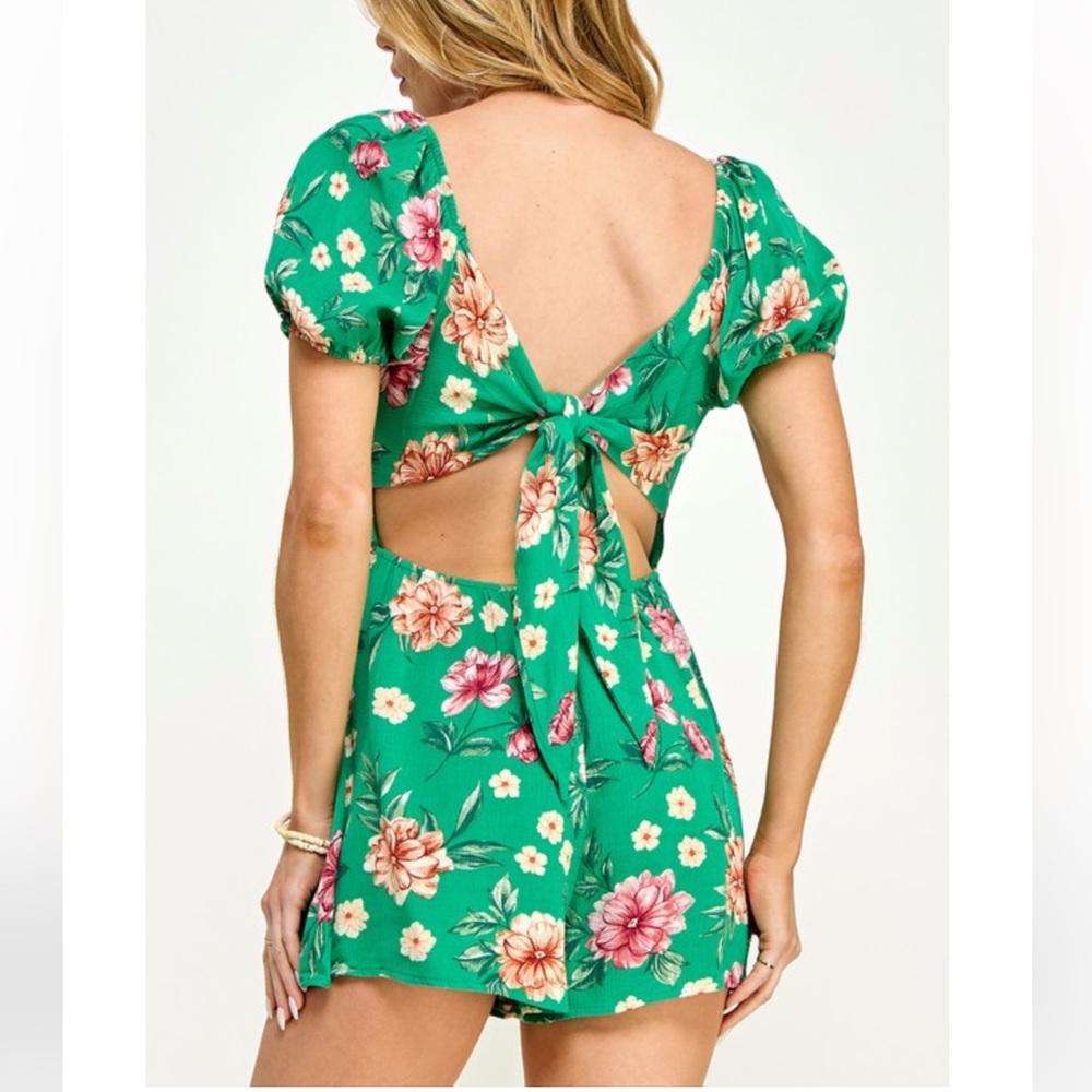 Bohemian Floral Sexy Back Romper - Green - Picture 3 of 4